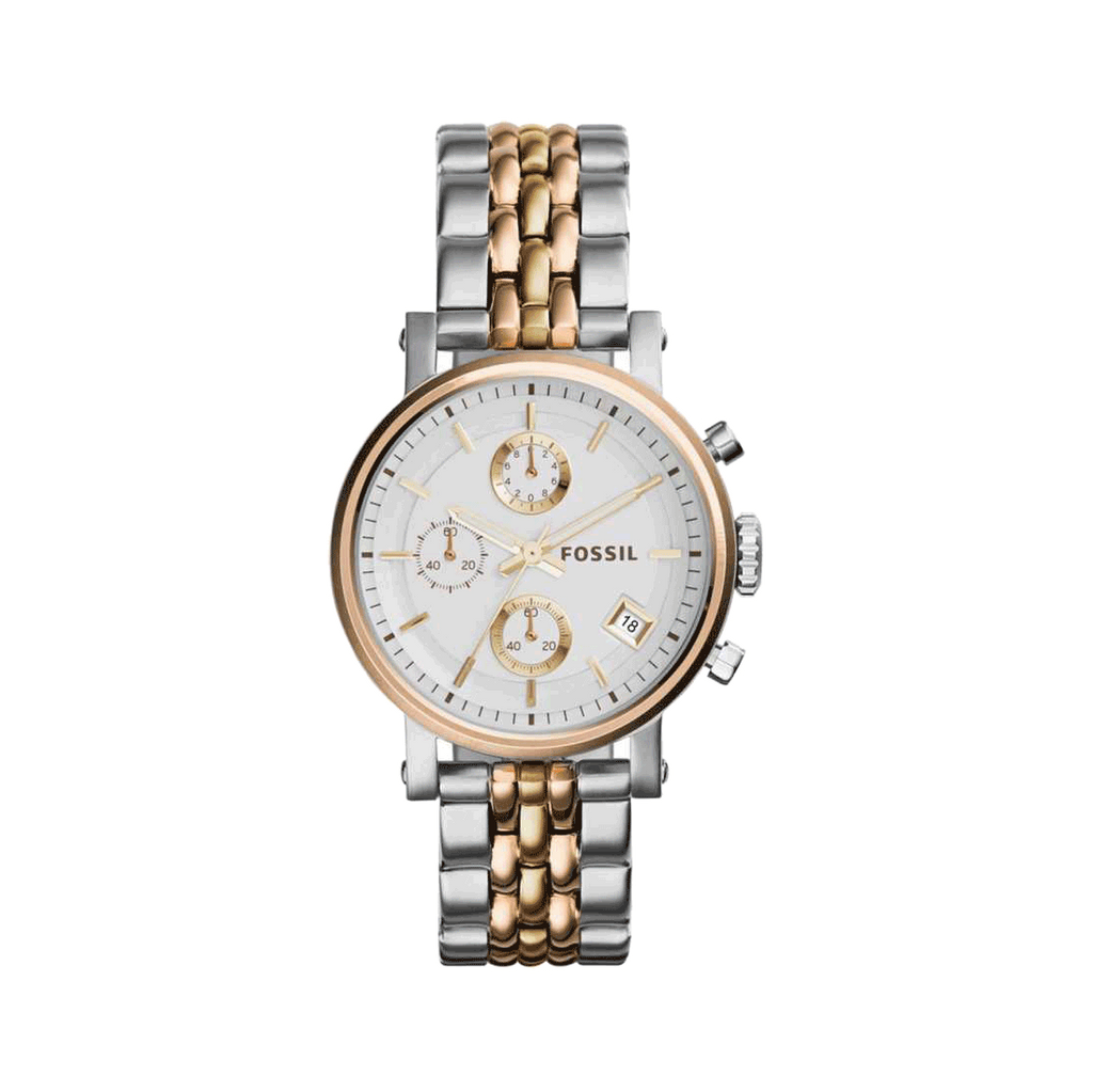 Fossil Boyfriend Chronograph White Dial Two Tone Steel Strap Watch for Women - ES3840