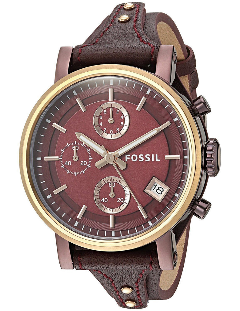 Fossil Original Boyfriend Sport Chronograph Maroon Dial Maroon Leather Strap Watch for Women - ES4114