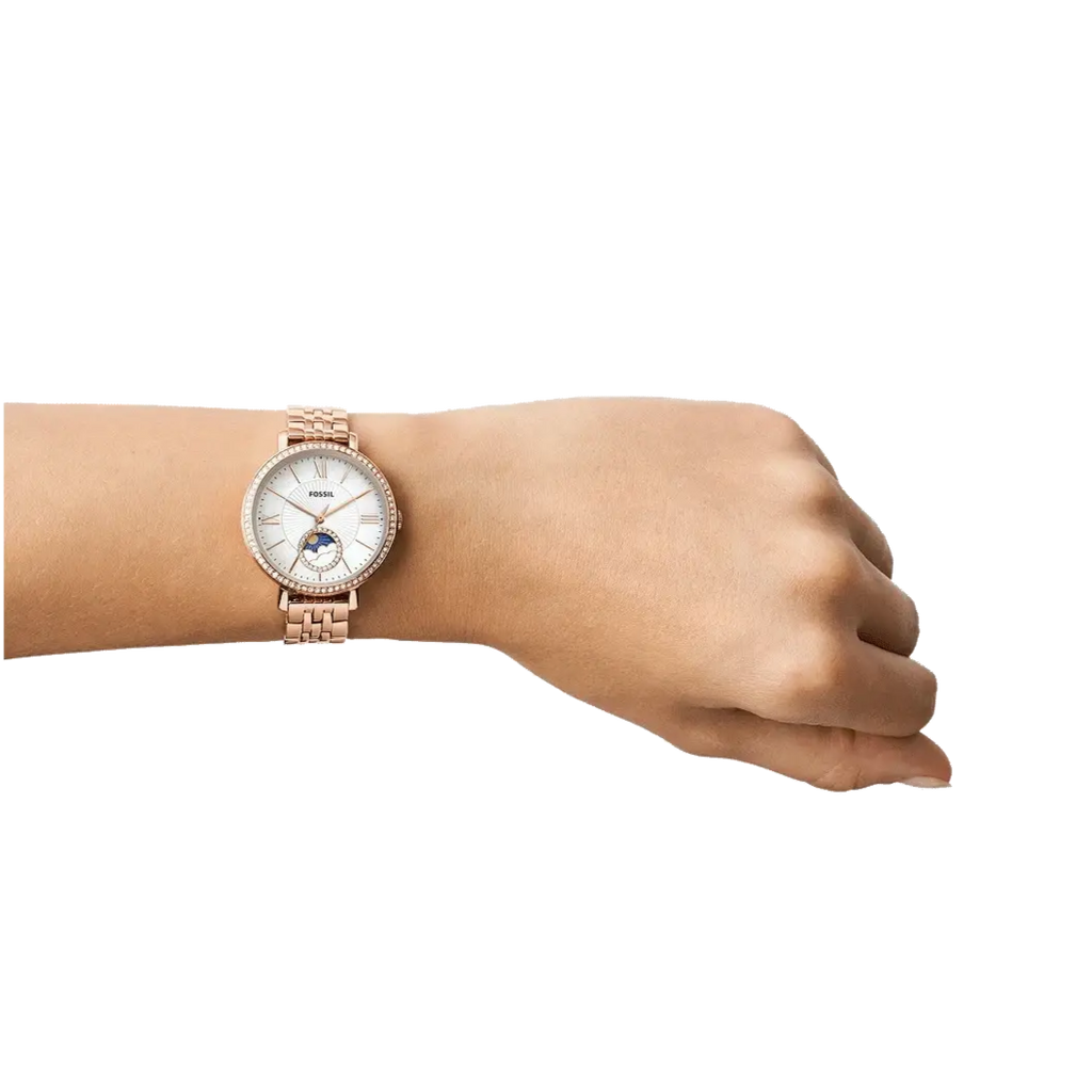 Fossil Jacqueline Analog Moonphase Mother of Pearl White Dial Rose Gold Steel Strap Watch for Women - ES5165