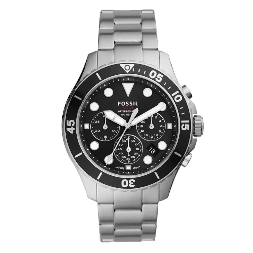 Fossil FB-03 Chronograph Black Dial Silver Steel Strap Watch for Men - FS5725