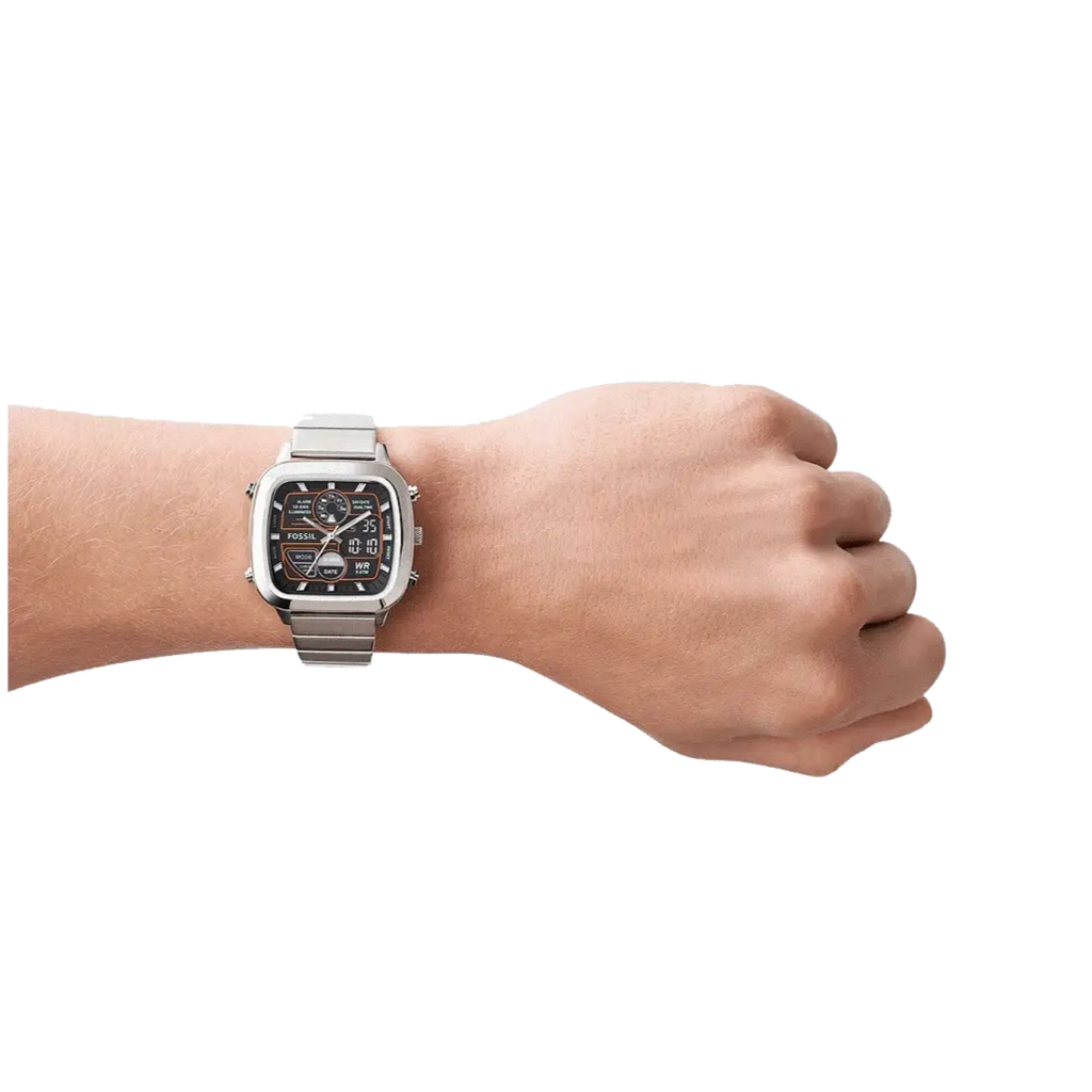 Fossil Retro Analog-Digital Black Dial Silver Steel Strap Watch for Men - FS5890