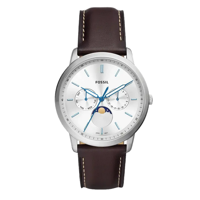 Fossil Neutra Minimalist Moonphase Silver Dial Brown Leather Strap Watch for Men - FS5905