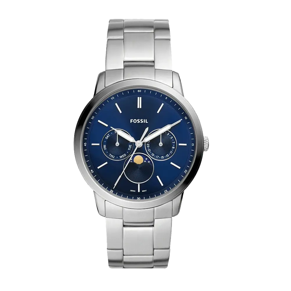 Fossil Neutra Minimalist Moonphase Blue Dial Silver Steel Strap Watch for Men - FS5907