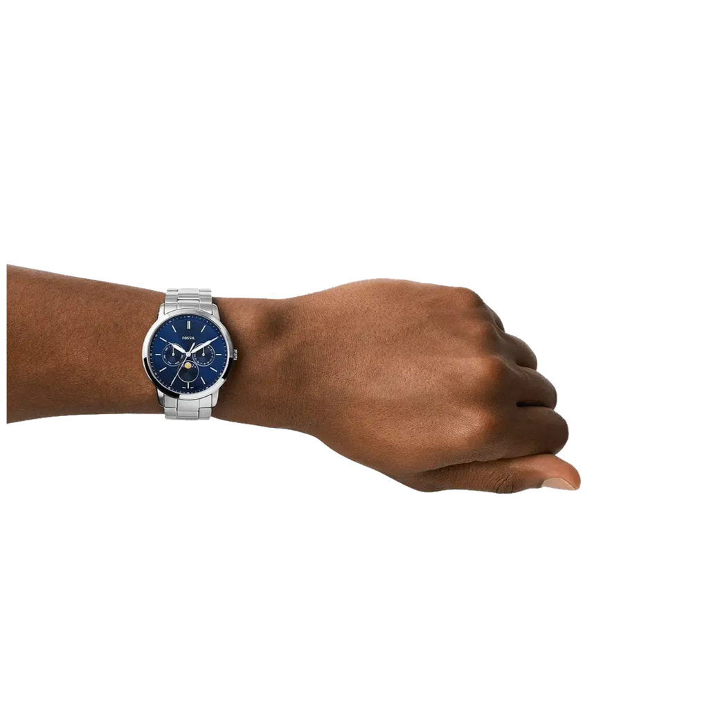 Fossil Neutra Minimalist Moonphase Blue Dial Silver Steel Strap Watch for Men - FS5907