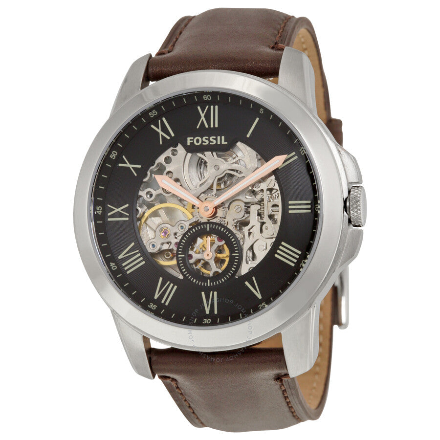 Fossil Grant Automatic Skeleton Black Dial Brown Leather Strap Watch for Men - ME3095