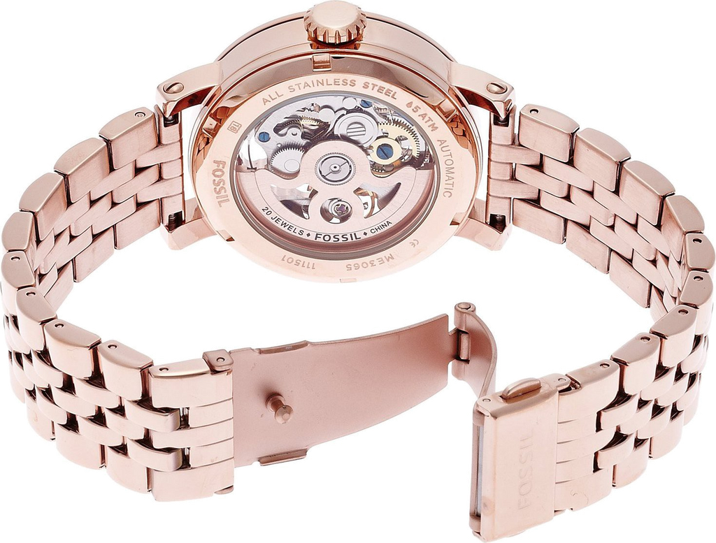 Fossil Boyfriend Automatic Skeleton Rose Gold Dial Rose Gold Steel Strap Watch for Women - ME3065