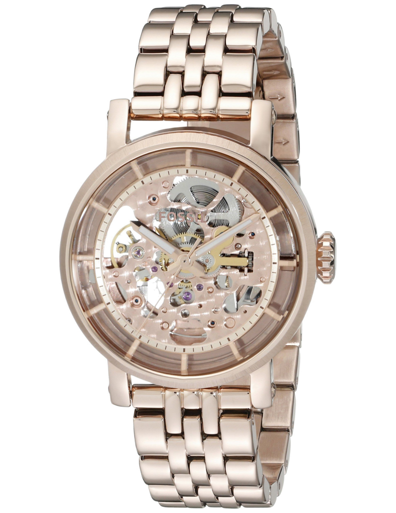 Fossil Boyfriend Automatic Skeleton Rose Gold Dial Rose Gold Steel Strap Watch for Women - ME3065