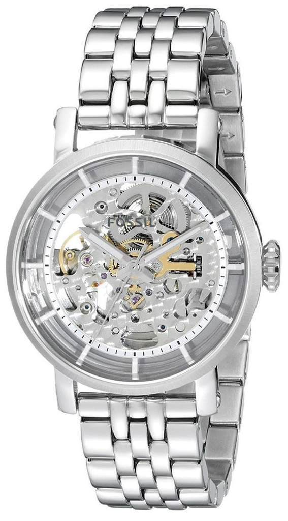 Fossil Boyfriend Automatic Skeleton Silver Dial Silver Steel Strap Watch for Women - ME3067