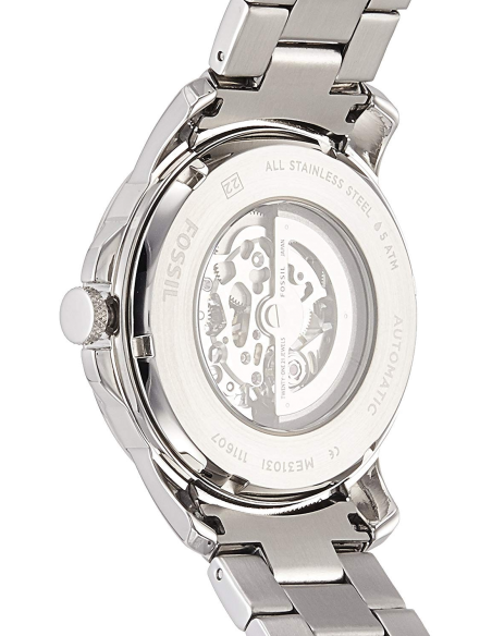 Fossil Grant Automatic Skeleton Black Dial Silver Steel Strap Watch for Men - ME3103