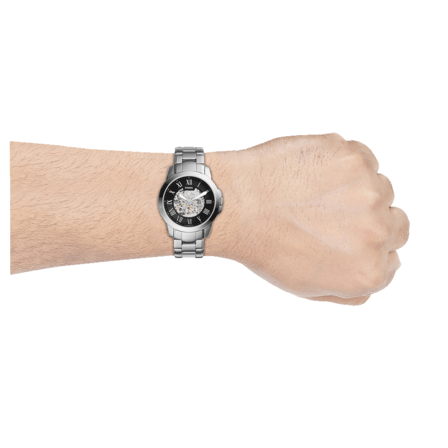 Fossil Grant Automatic Skeleton Black Dial Silver Steel Strap Watch for Men - ME3103