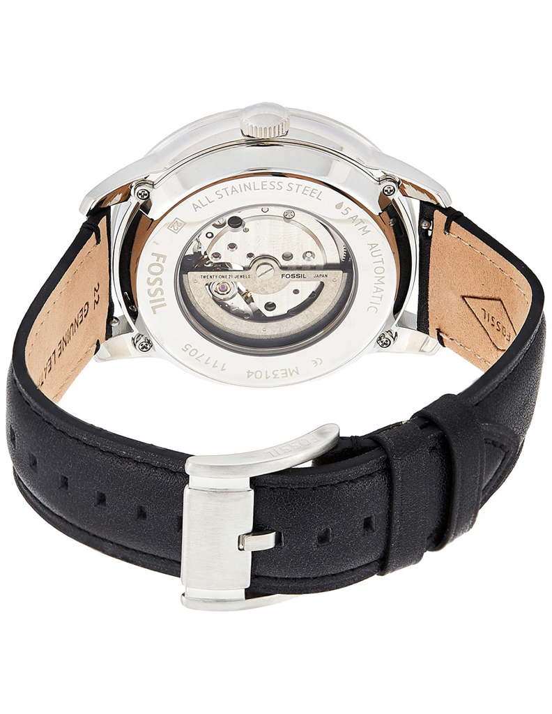 Fossil Townsman Automatic White Dial Black Leather Strap Watch for Men - ME3104