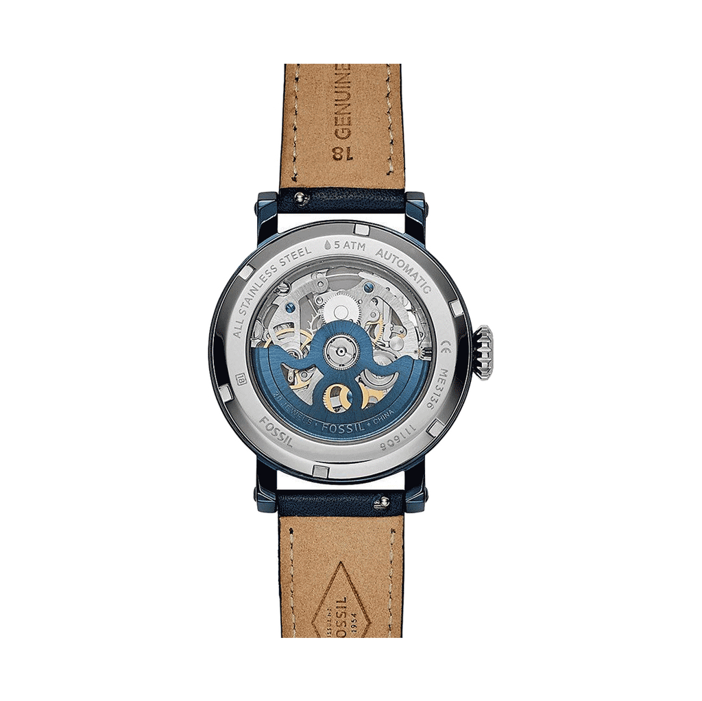 Fossil Boyfriend Skeleton Blue Dial Blue Leather Strap Watch for Women - ME3136