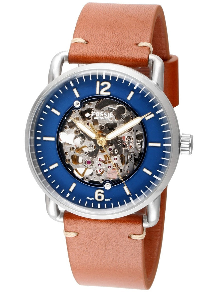 Fossil Commuter Automatic Skeleton Blue Dial Brown Leather Strap Watch for Men - ME3159