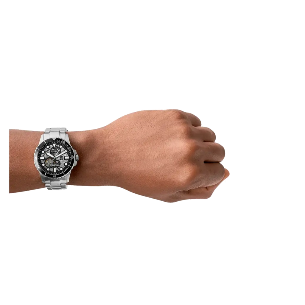 Fossil FB-01 Automatic Skeleton Black Dial Silver Steel Strap Watch for Men - ME3190