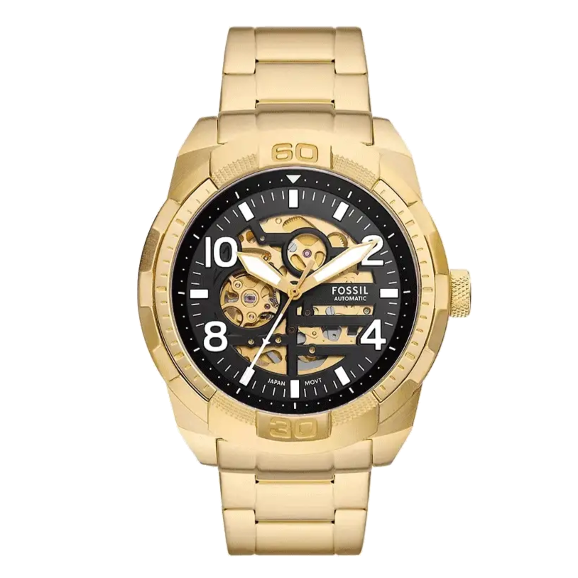 Fossil Bronson Automatic Skeleton Black Dial Gold Steel Strap Watch for Men - ME3257