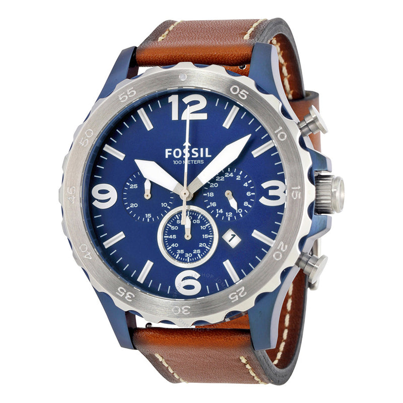 Fossil Nate Chronograph Navy Blue Dial Brown Leather Strap Watch for Men - JR1504