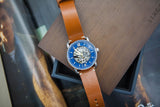 Fossil Commuter Automatic Skeleton Blue Dial Brown Leather Strap Watch for Men - ME3159