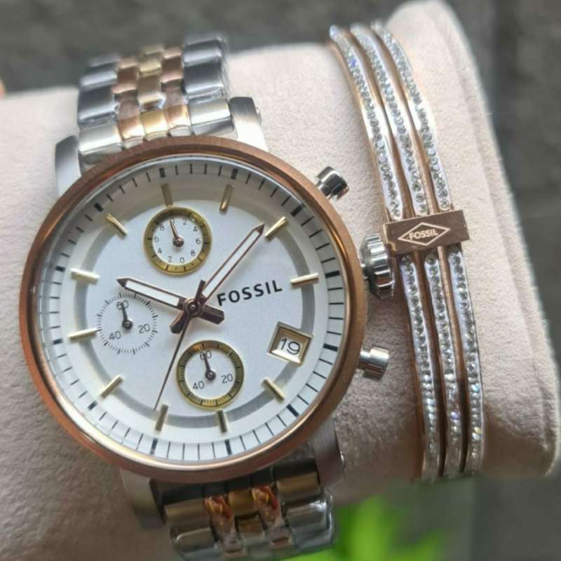 Fossil Boyfriend Chronograph White Dial Two Tone Steel Strap Watch for Women - ES3840