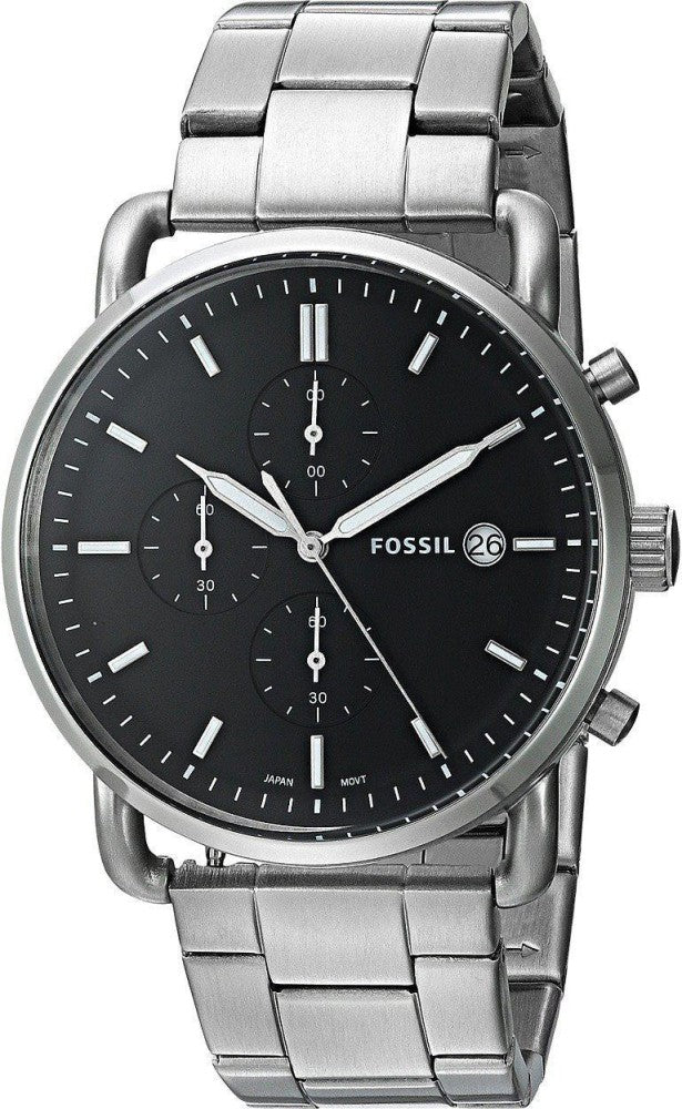 Fossil The Commuter Black Dial Silver Steel Strap Watch for Men - FS5399