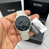 Hugo Boss Associate Black Dial Silver Steel Strap Watch for Men - 1513267
