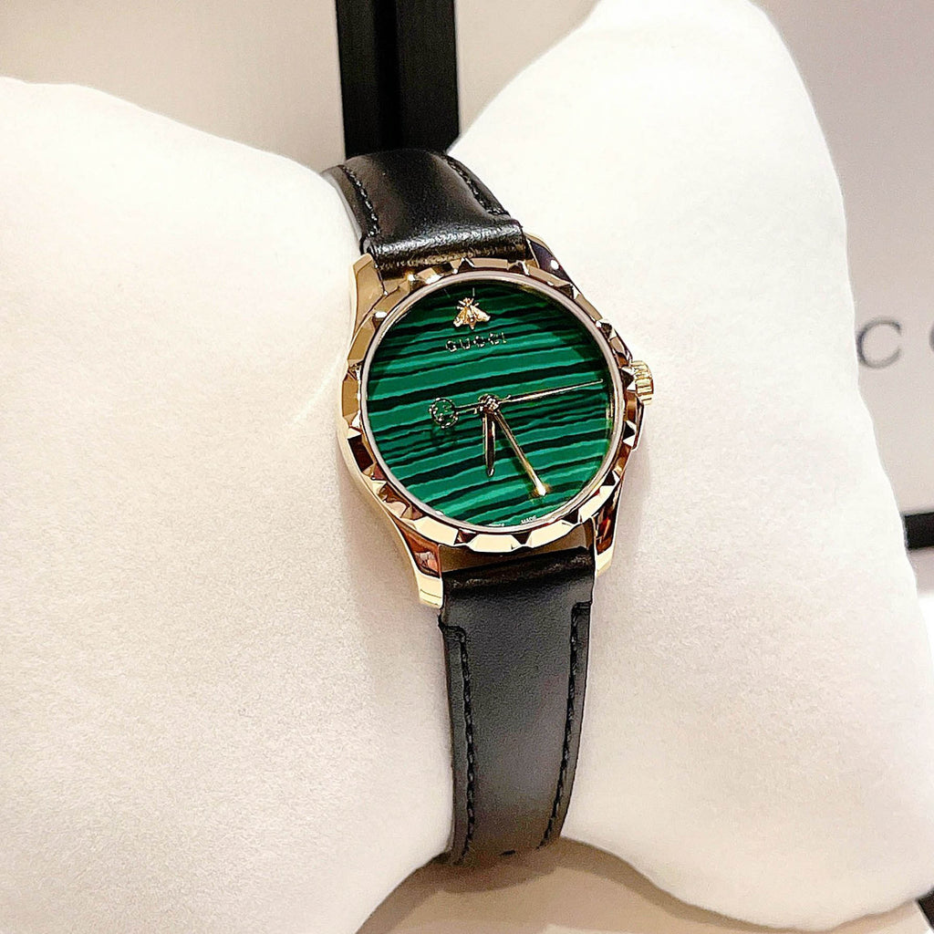 Gucci Le Marche Des Merveilles Quartz Green Dial Black Leather Strap Watch For Women - YA126463