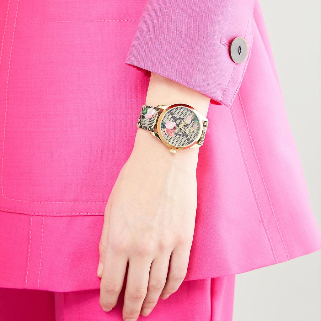 Gucci G Timeless Floral Brown Dial Brown Leather Strap Watch For Women - YA1264038