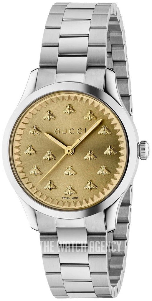 Gucci G Timeless Quartz Gold Dial Silver Steel Strap Watch for Women - YA1265035