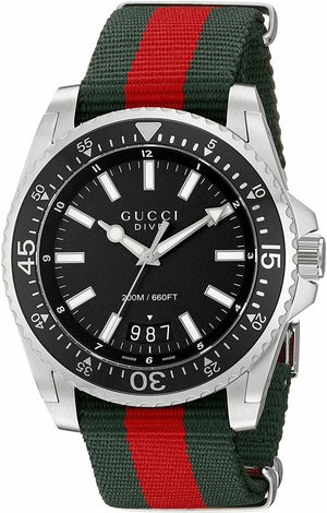 Gucci Dive Black Dial Two Tone NATO Strap Watch For Men - YA136206