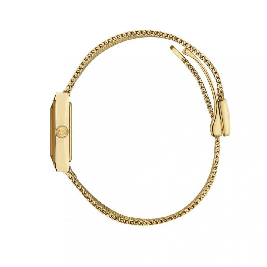 Gucci G Frame Quartz Diamonds White Red Blue Dial Gold Mesh Bracelet Watch For Women - YA147511