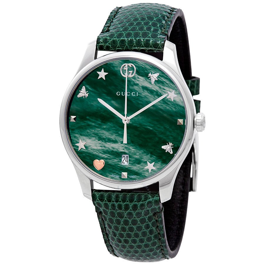 Gucci G-Timeless Green Mother of Pearl Dial Green Leather Strap Watch For Women - YA126585