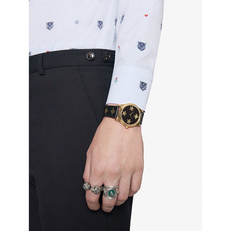 Gucci G Timeless Bee Motif Black Dial Black Leather Strap Watch For Women - YA1264055