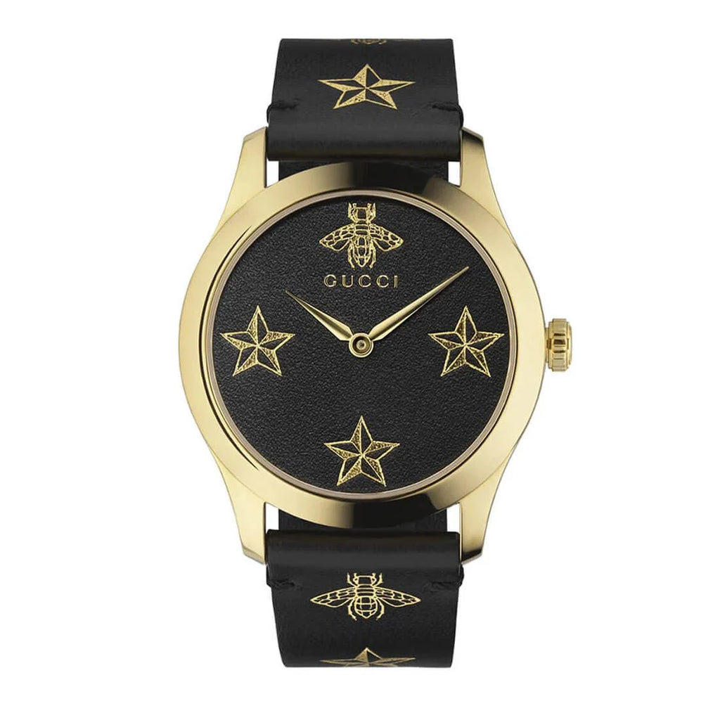 Gucci G Timeless Bee Motif Black Dial Black Leather Strap Watch For Women - YA1264055