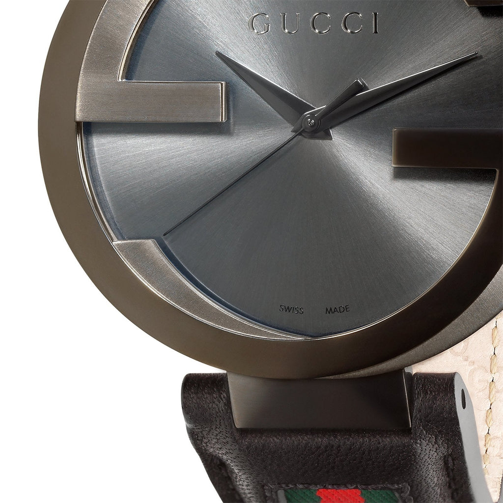 Gucci Interlocking G XL Black Dial Red & Green Leather Strap Watch For Men - YA133206