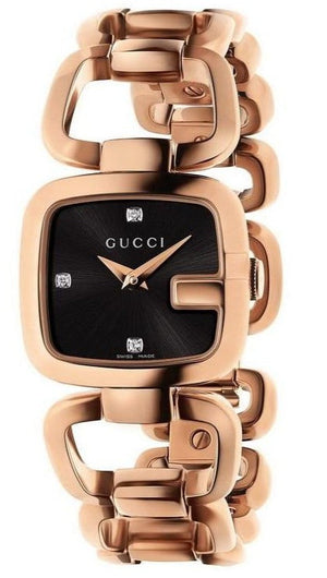 Gucci G Ladies Diamonds Black Dial Rose Gold Steel Strap Watch For Women - YA125512