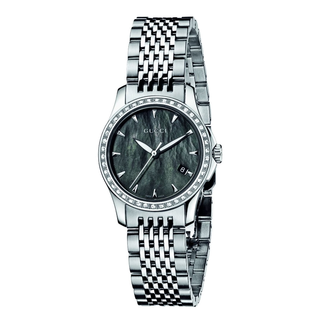 Gucci G Timeless Diamonds Mother of Pearl Black Dial Silver Mesh Bracelet Watch For Women - YA126507