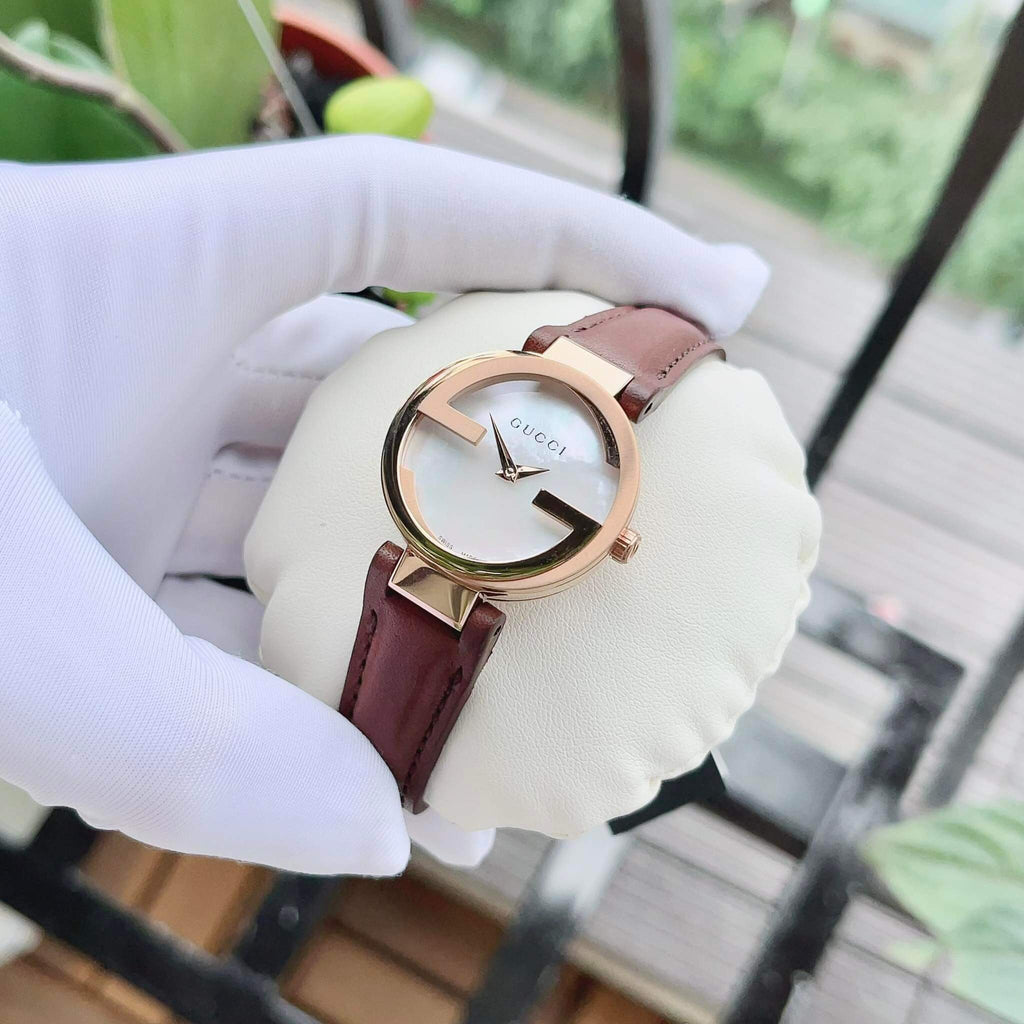 Gucci G Interlocking Mother of Pearl Dial Brown Leather Strap Watch For Women - YA133516