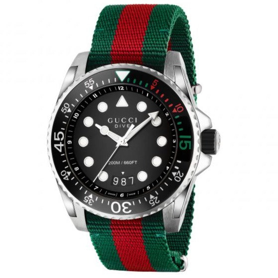 Gucci Dive Black Dial Red & Green Nylon Strap Watch For Men - YA136209