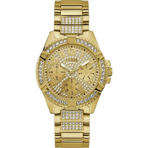 Guess Heiress Multifunction Diamonds Gold Dial Gold Steel Strap Watch for Women - GW0440L2