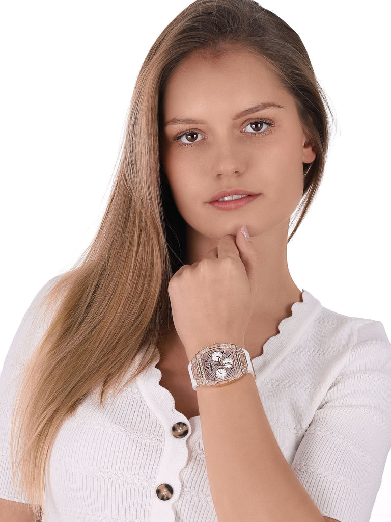 Guess Raven Diamonds Rose Gold Dial White Silicone Strap Watch for Women - GW0105L3