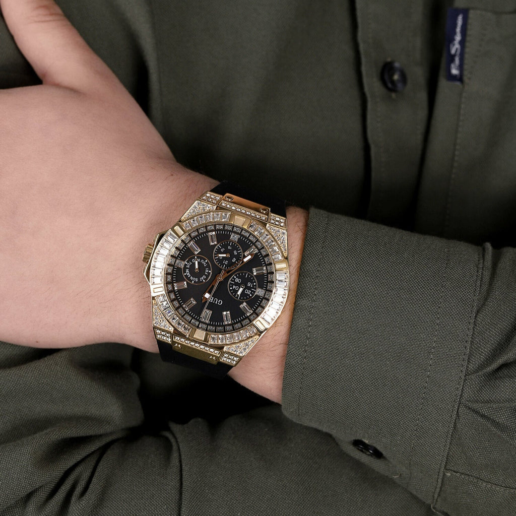 Guess Zeus Chronograph Diamonds Black Dial Black Silicone Strap Watch For Men - GW0208G2