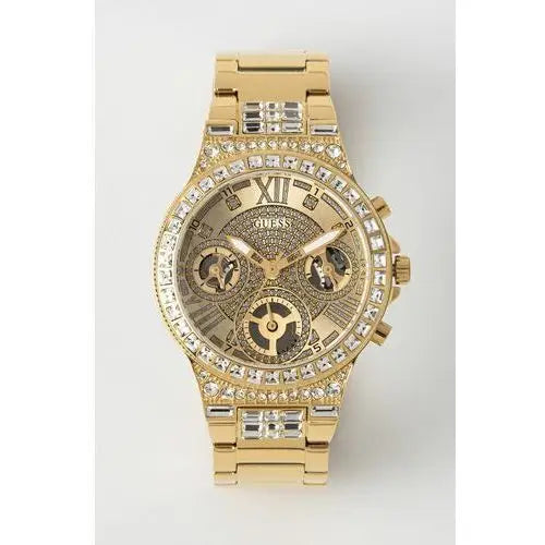 Guess Moonlight Multi Function Diamonds Gold Dial Gold Steel Strap Watch for Women - GW0320L2