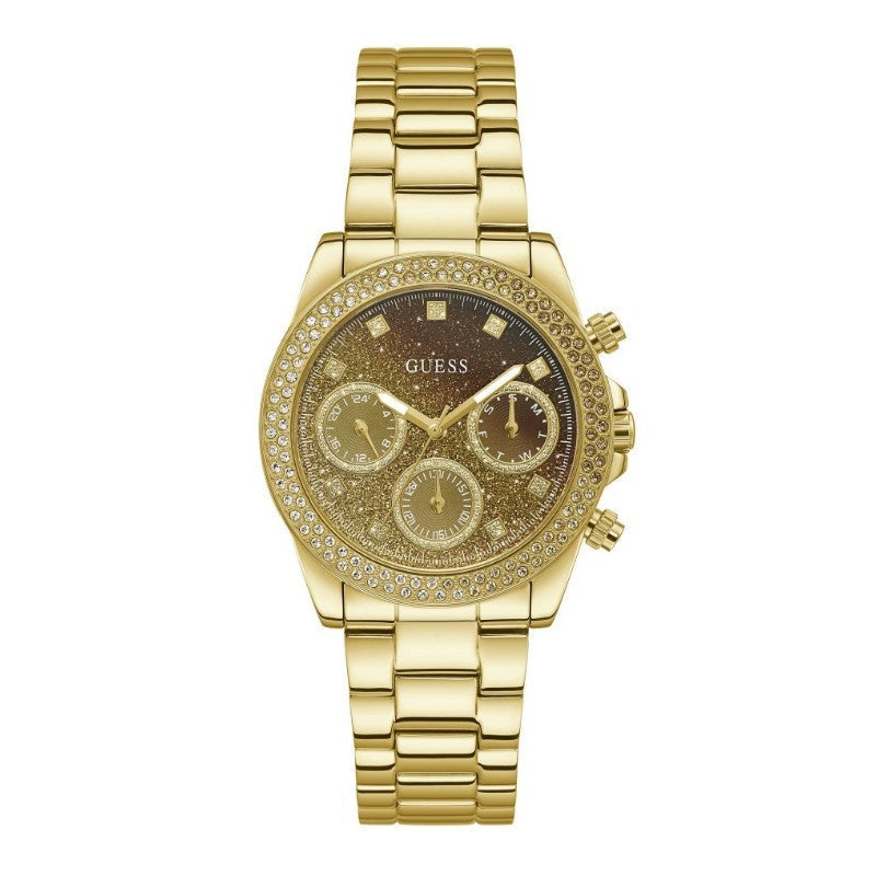 Guess Sol Chronograph Gold Dial Gold Steel Strap Watch For Women - GW0483L2