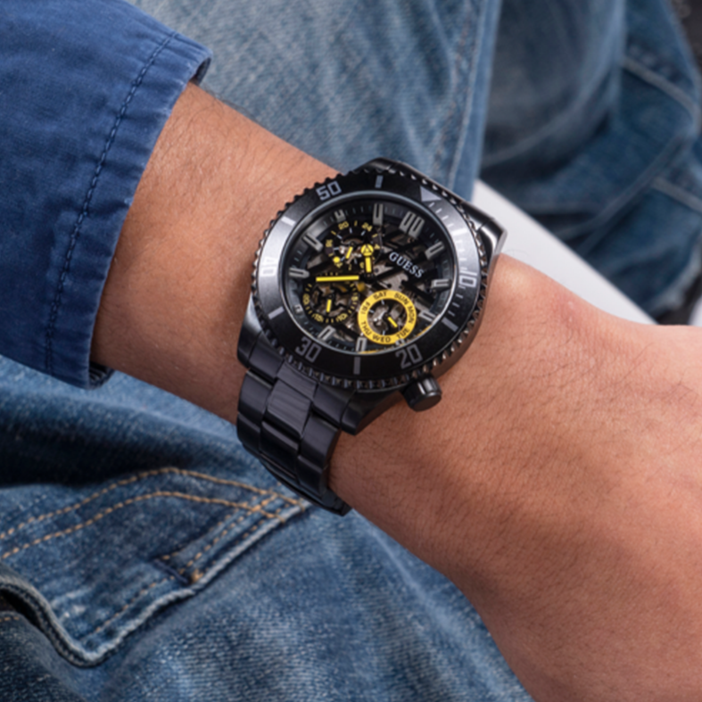 Guess Axel Multifunction Black Dial Black Steel Strap Watch For Men - GW0488G3