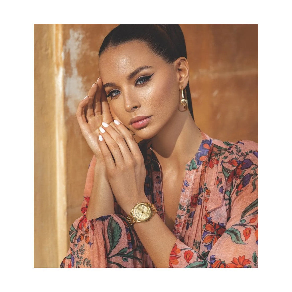 Guess Cubed Analog Gold Dial Gold Steel Strap Watch For Women - GW0606L2