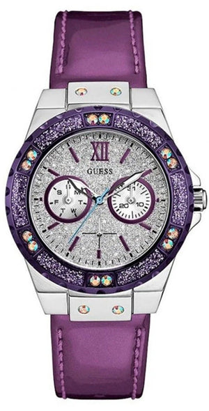 Guess Limelight Quartz Silver Dial Purple Leather Strap Watch For Women - W0775L6