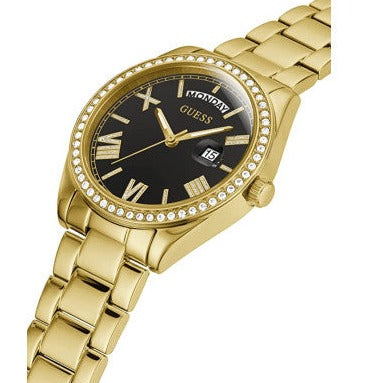 Guess Luna Diamonds Black Dial Gold Steel Strap Watch for Women - GW0307L2