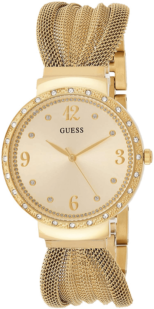 Guess Chiffon Gold Dial Gold Mesh Bracelet Watch For Women - W1083L2