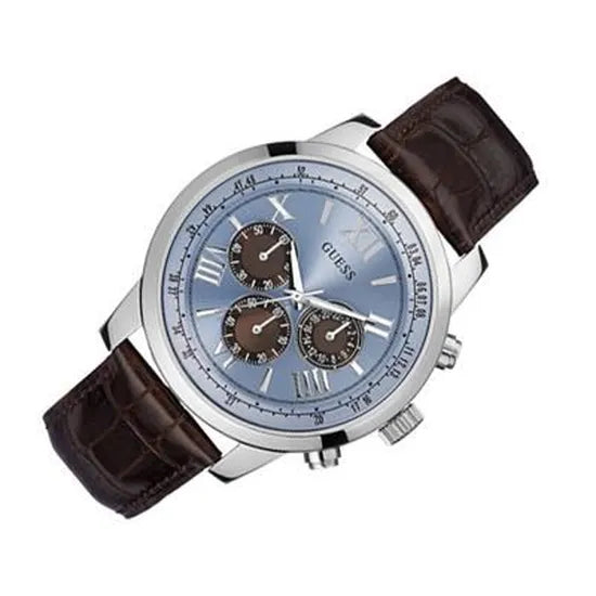 Guess Horizon Chronograph Analog Blue Dial Brown Leather Strap Watch For Men - W0380G6