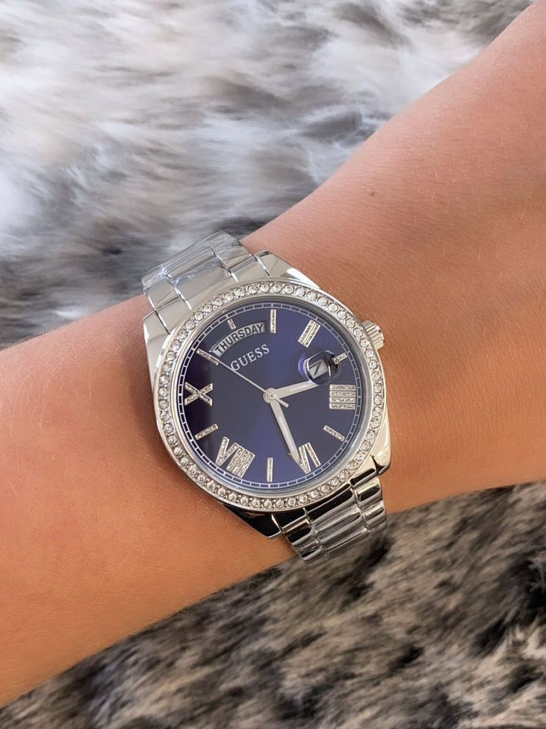 Guess Luna Diamonds Blue Dial Silver Steel Strap Watch for Women - GW0307L1