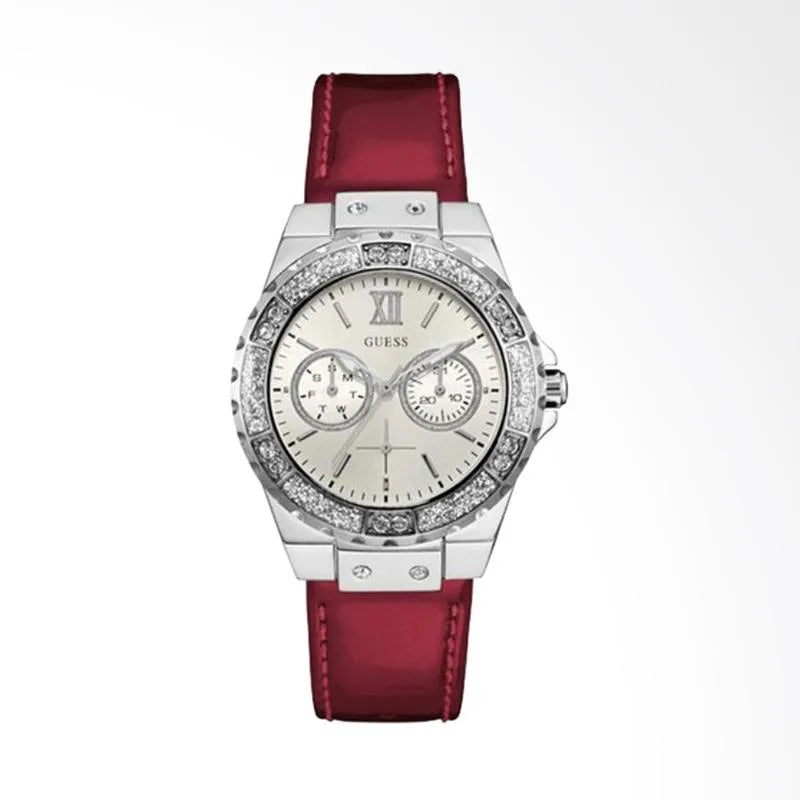 Guess Limelight Quartz Diamonds White Dial Red Leather Strap Watch For Women - W0775L11